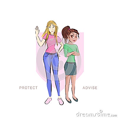 Two young woman characters. Girls vector art. Vector Illustration